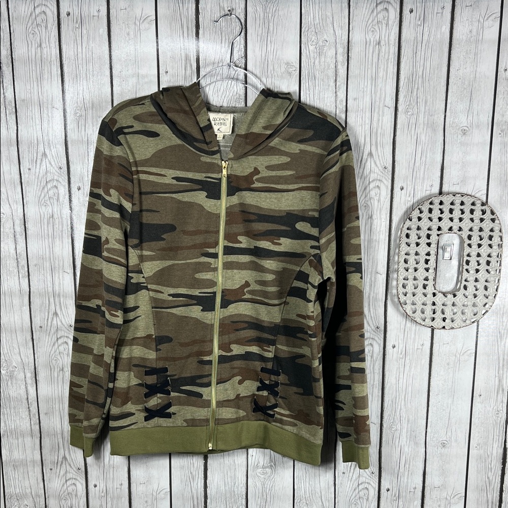 Modish Rebel black lace up detail camouflage zip-up hoodie Size Large